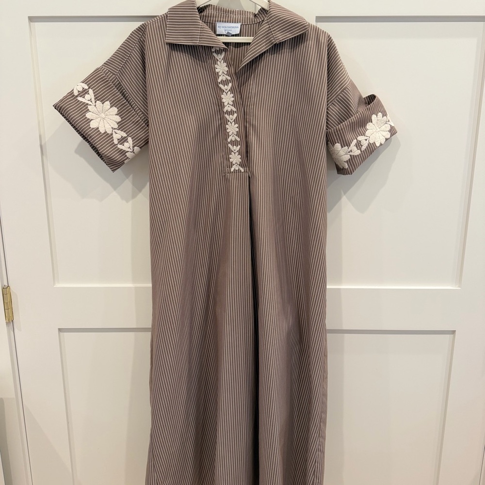 Mi Golondrina Brown Striped Maxi Dress with White Floral Accents